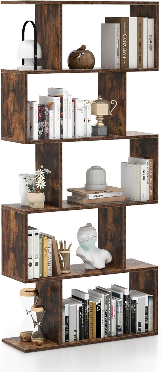 5-Tier Bookshelf, Geometric S-Shaped Bookcase W/Anti-Toppling Device, Freestanding Industrial Decorative Display Shelf, Storage Shelving for Living Room Home Office (Rustic Brown)