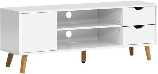 TV Unit Cabinet Entertainment Units, Wood Stand Table Cabinets Storage Shelf Organiser Cupboard Home Living Room Bedroom Furniture, with 2 Drawer and Cable Management Holes White