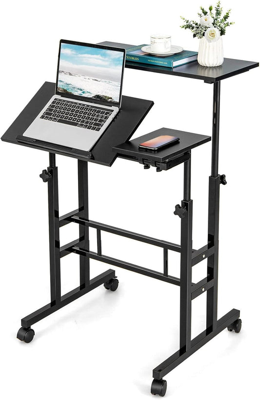Mobile Stand up Computer Desk, Rolling Standing Laptop Cart with 2 Tilting Desktops, Sitting or Standing Modes, Height Adjustable Home Office Workstation (Black)